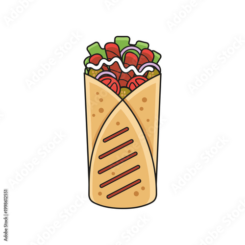 A delicious, vibrant kebab or shawarma wrap is generously filled with fresh vegetables and succulent meat.