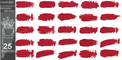 Set of 25 red art brush strokes.Red paint brushes, colored brush strokes, artistic tools, 25 piece set