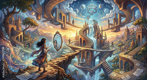 fantasy world with endless stairs and portals, journey between dimensions, magic and knowledge, surreal landscape, geometric symbols, vibrant illustration