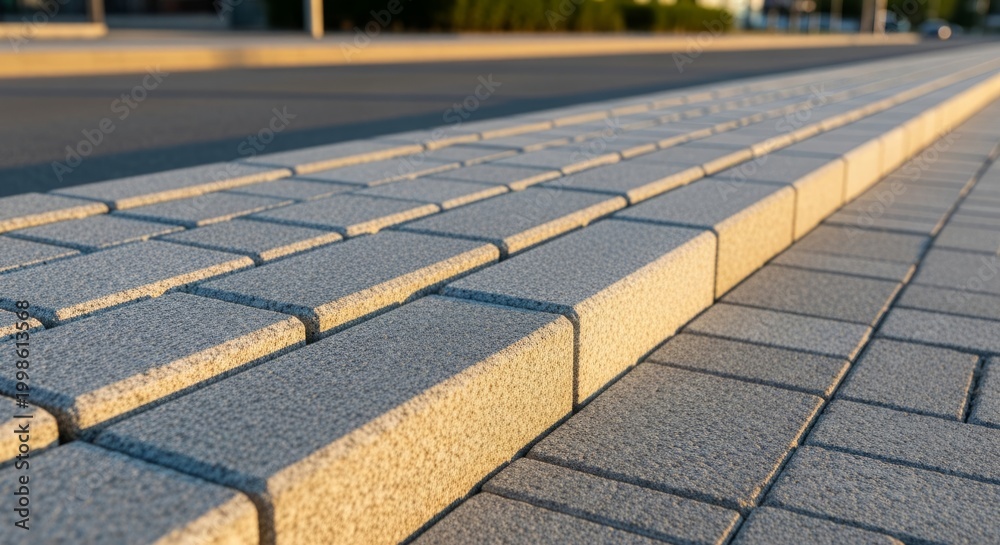Fototapeta premium Granite paver curb pattern in golden hour light, showcasing modern urban infrastructure and street design with copy space.