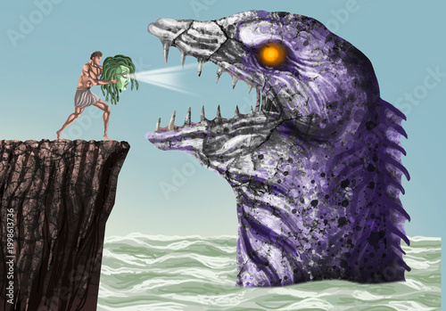 perseus turning sea monster cetus into stone using medusa head