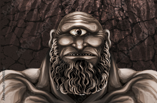 Konstfotografi giant cyclops titan with single eye standing inside dark cave
