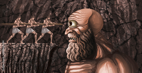 Fotografie odysseus and his men blinding cyclops polyphemus with wooden stake in dark cave