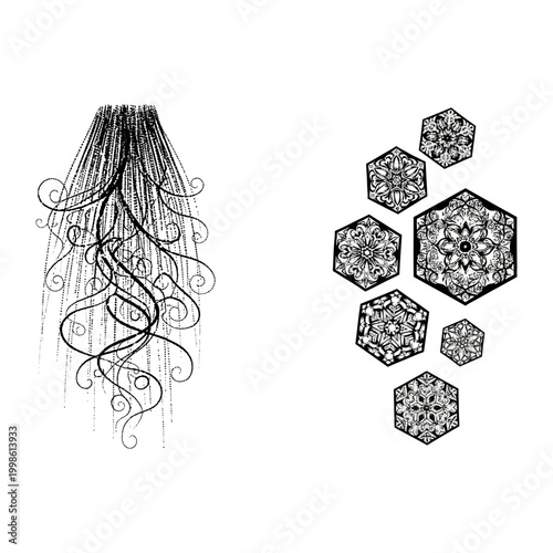 Mandala and swirl icon set with floral hexagon patterns, white background, vector Illustration