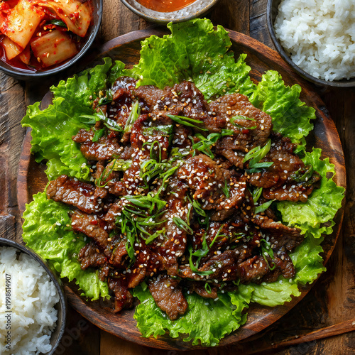 A steaming plate of Korean bulgogi, thinly sliced marinated beef glistening with caramelized sauce, garnished with sesame seeds and scallions, served on a bed of crisp lettuce leaves with a side of ki