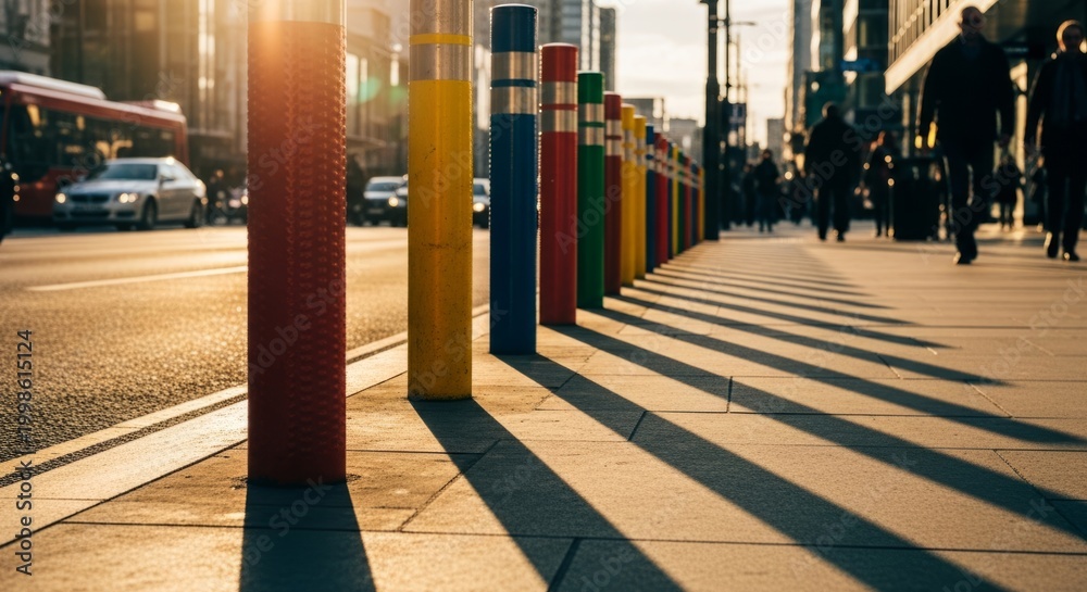 Fototapeta premium Colorful bollards create a rhythmic pattern on a city sidewalk during golden hour, with pedestrians and traffic in the background.