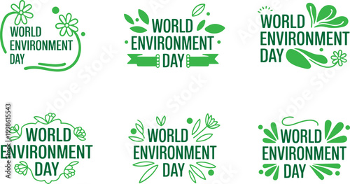 Set of green world environment day badges and labels with floral elements for eco friendly branding and promotion