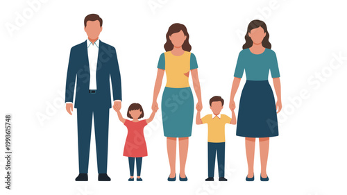 Family of four people standing together in casual clothes with a red heart keywords