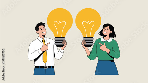 Two people holding lightbulbs with idea concept on keywords white background woman