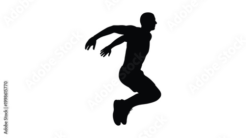 Keywords black silhouette of a man in mid-air jump with arms outstretched and bent knees male jumping