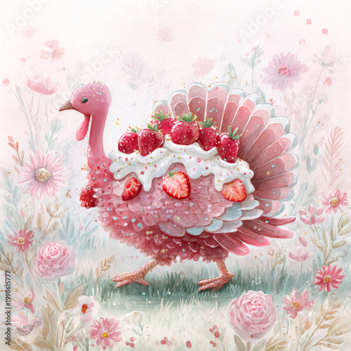 A whimsical {watercolor illustrationdigital painting} of a strawberry shortcake turkey trotting through a {pastel-hued meadowautumn orchard}, its frosting-drizzled body adorned with edible glitter and