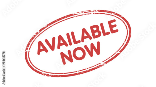 Red oval stamp with distressed texture saying a v a i l a b l e n o w keywords available