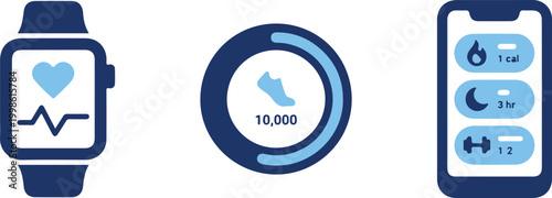 Healthcare smartwatch and fitness tracking interface with heart monitoring and activity analytics icons