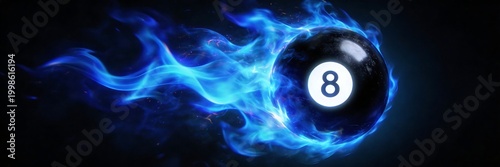 A billiard ball number eight in blue flames. A striking image depicting a black billiard ball with the number eight surrounded by mysterious blue flames against a dark background.