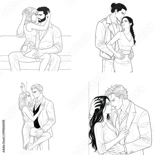 Vampire Couple Romantic Poses Line Art