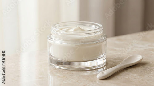 Elegant Glass Jar of White Moisturizing Face Cream with Applicator Spoon on a Marble Surface, Minimalist Skincare Product Photography
