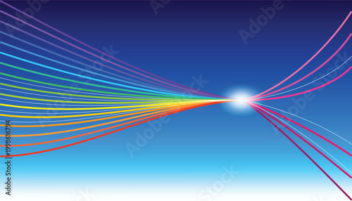 Abstract rainbow light trails on blue background, colorful fiber optic lines converging at glowing point, futuristic data transmission vector