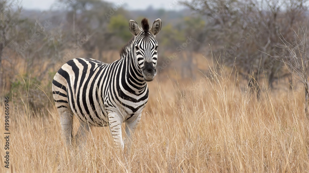 Fototapeta premium Male zebra, alert, stands in African savanna.