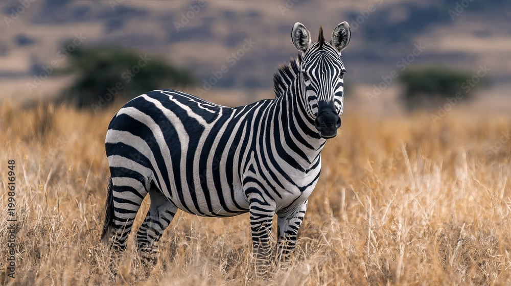 Fototapeta premium Male zebra, alert, stands in African savanna.