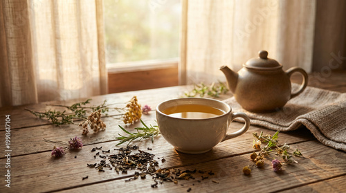 Cozy Afternoon with Herbal Tea, a Ceramic Teapot, and Scattered Dried Herbs on a Rustic Wooden Table Bathed in Soft Sunlight