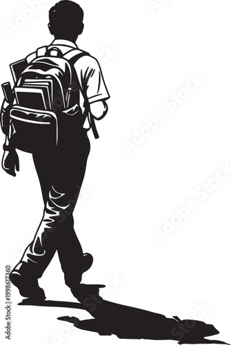 Silhouette of a person with a backpack walking, white background