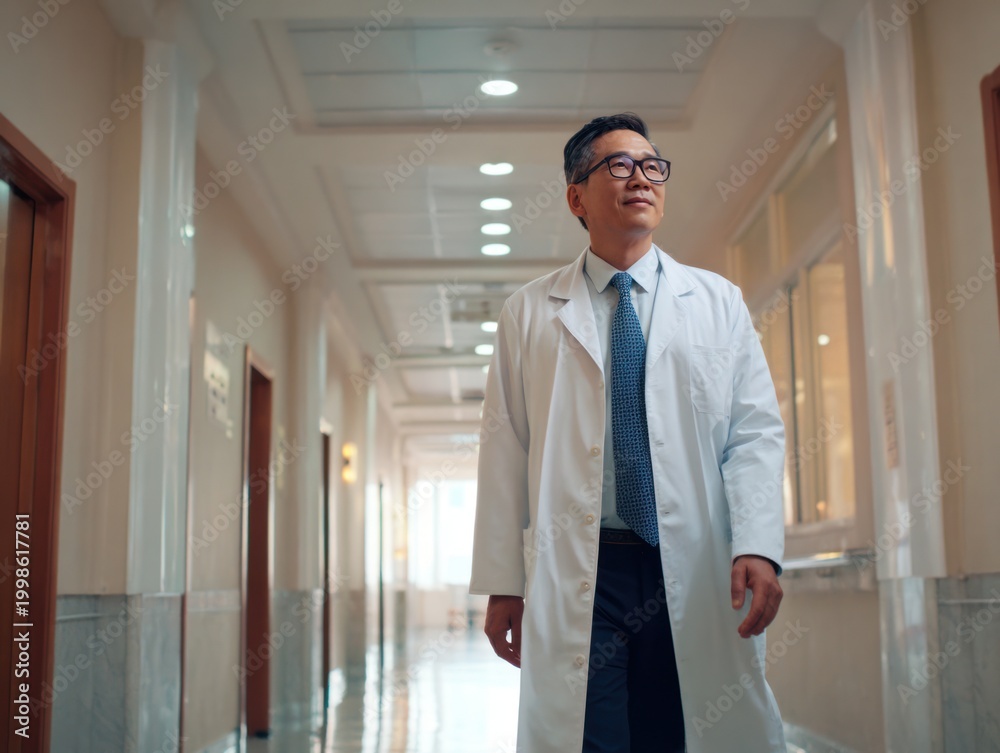 Fototapeta premium A professional Asian male doctor in his 30s walks through a bright hospital corridor wearing a white coat and glasses.