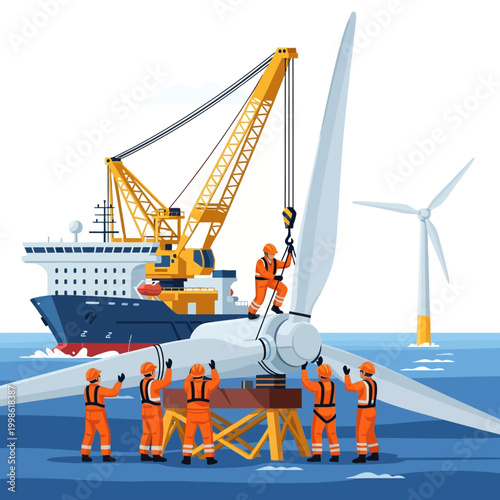 offshore wind turbine installation with engineers and crane vector illustration. Ideal for green energy campaigns, engineering projects, and sustainability marketing.