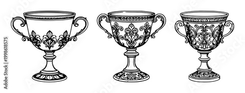 Cup set with intricate black line art and ornate brass handle, curved silhouette, elegant design featuring filigree, crown, scrollwork with glass and metal