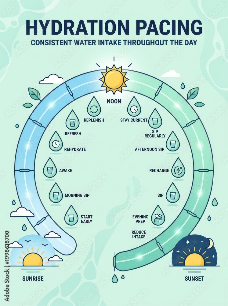 Fototapeta premium Hydration pacing infographic illustrating consistent water intake throughout the day with visual cues