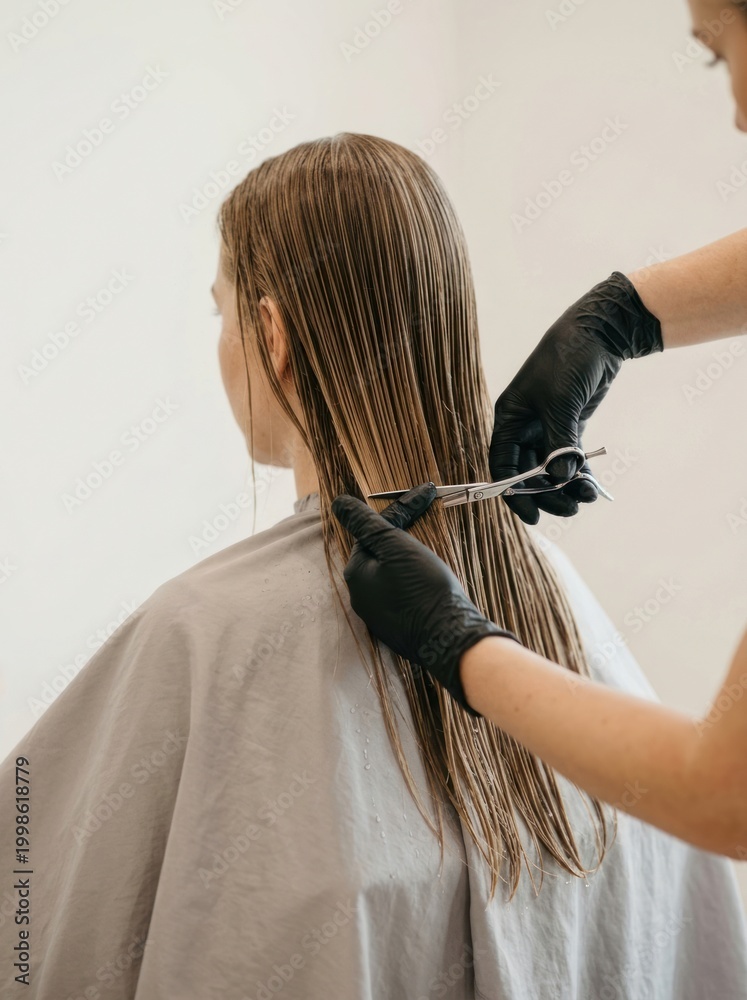 Naklejka premium Female hairdresser in black gloves cuts long hair of client wearing gray cape in salon