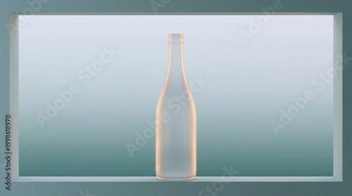 Minimalist Still Life Photography of a Frosted Glass Bottle Standing in a Framed Alcove with Soft Pastel Teal Background