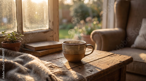 A Steaming Ceramic Mug of Coffee and Old Books on a Rustic Wooden Table Next to a Window During Warm Golden Hour Sunlight, Hygge Living Concept