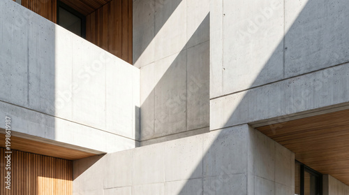 Modern Architectural Detail of a Minimalist Concrete Building with Wooden Accents and Sharp Geometric Shadows in Daylight