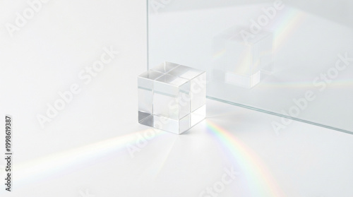 Abstract Minimalist Still Life of Transparent Glass Cubes on White Surface with Rainbow Prism Light Refraction and Reflections