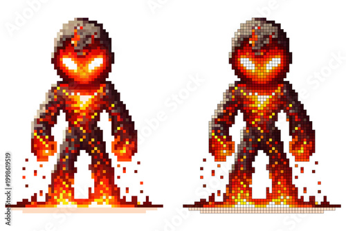 Pixel art character fiery humanoid made of molten lava with a glowing core and charred edges, standing on a white background