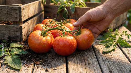 Farmer's Hand Picking Fresh Organic Red Tomatoes on the Vine from a Rustic Wooden Garden Table during Autumn Harvest