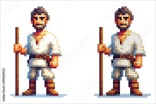 Pixel art character wanderer with dark hair and a beard, wearing a white tunic with a brown belt, light pants, brown boots, holding a wooden staff and standing on a white background.