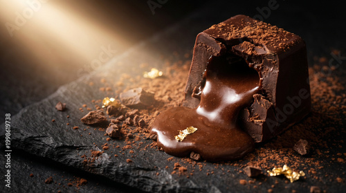 Exquisite Dark Chocolate Truffle with Melting Liquid Ganache Center, Decorated with Edible Gold Leaf and Cocoa Powder on a Rustic Slate Surface