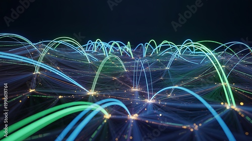 Glowing blue and green network connections with sparkling nodes on a dark background representing technology and data transfer