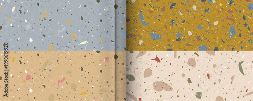 New trendy interior set seamless terrazzo patterns. Pattern for ceramics, marble, natural stone. Vector stock illustration of textured shapes in vibrant colors