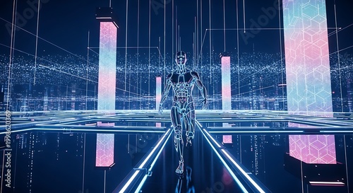 A digital figure running through a futuristic tech city landscape with bright neon lights. The environment has geometric structures and a sense of movement