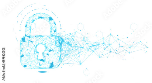 Digital security concept with padlock and digital particles