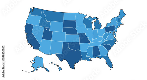 United states map with state borders in blue shades
