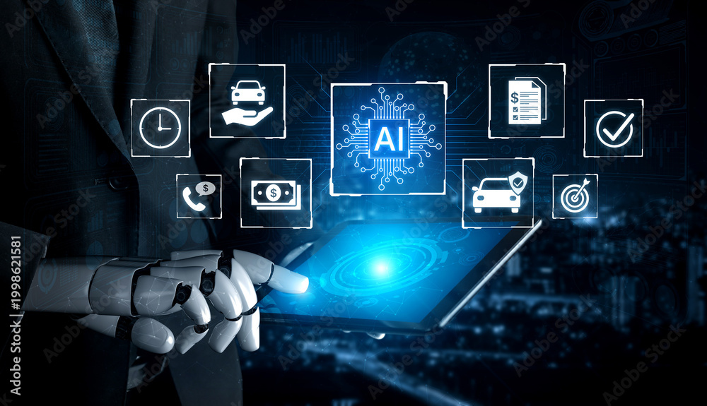 Fototapeta premium Artificial intelligence automates customer services across finance, insurance and mobility with faster processing and decision support. Corpus