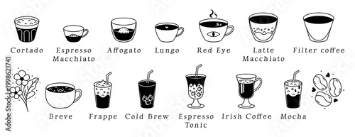 Various coffee types, black line icon set. Vector monochrome signs. Cortado, Cold Brew, Filter Coffee, Affogato, Red Eye, Irish Coffee, Mocha, Espresso Macchiato, Breve, Espresso Tonic, Frappe, etc.