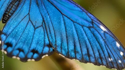 Closeup of a vibrant blue butterfly wing with intricate patterns.