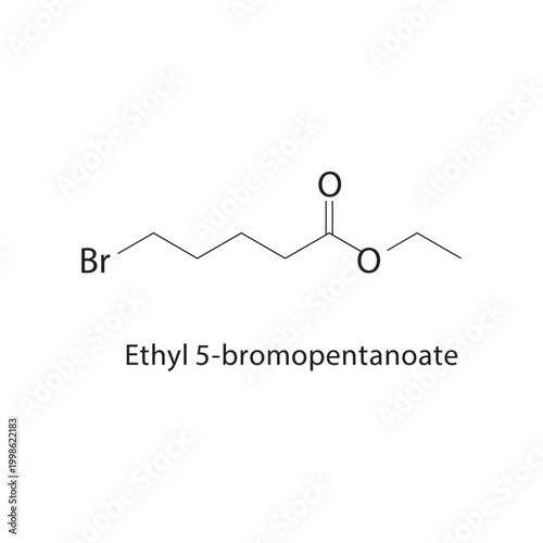 Ethyl 5-bromopentanoate skeletal structure. halogenated ester compound schematic illustration. Simple diagram, chemical formula.