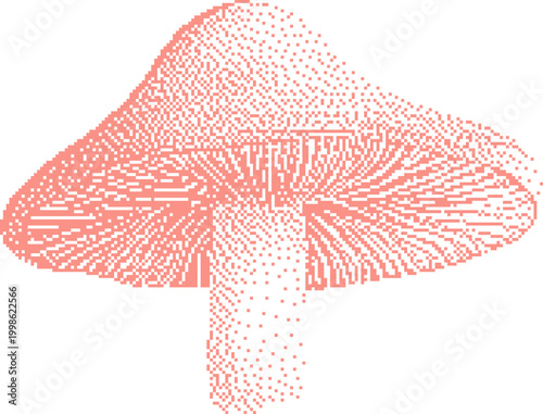 Pink pixelated mushroom illustration with delicate gills and stem against a white background
