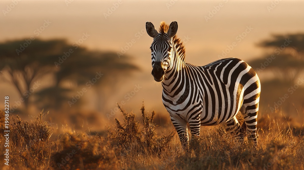 Fototapeta premium Male zebra, alert, stands in African savanna.