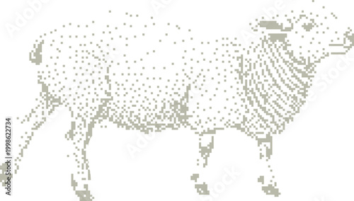 White Sheep standing in profile on a plain background with subtle pixelated texture and ample copy space for design